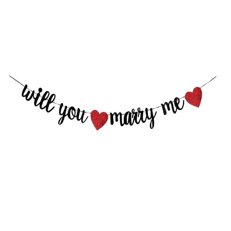 Will You Marry Me Banner | Black Glitter Garland With Two Red Hearts For Valentine's Day |  Color  Black