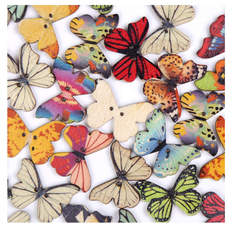 FINGOOO 100 PCS Butterfly Wooden Buttons | 1 Inch Colorful 2 Holes Mixed Decorative Buttons
