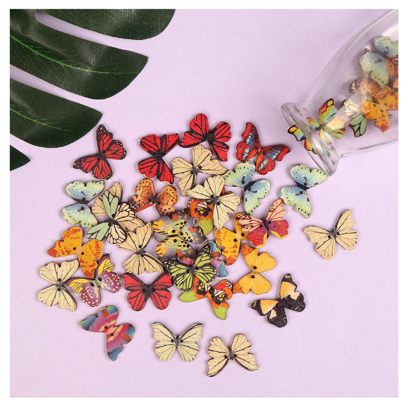 FINGOOO 100 PCS Butterfly Wooden Buttons | 1 Inch Colorful 2 Holes Mixed Decorative Buttons