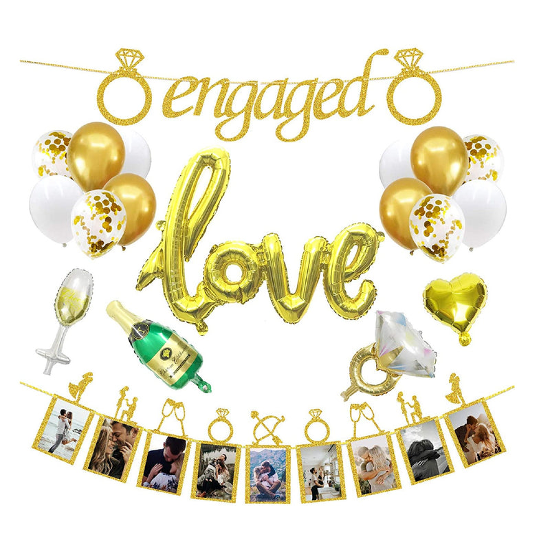 Engagement Wedding Decorations | Golden Engagement Banner | Photo Banner And Set Of 12 + 5 signature Balloons