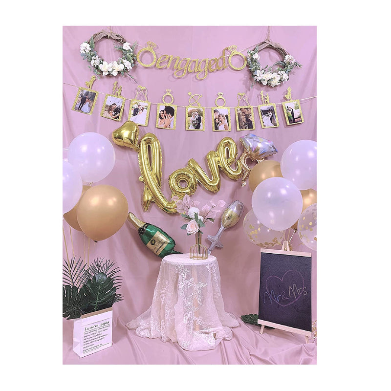 Engagement Wedding Decorations | Golden Engagement Banner | Photo Banner And Set Of 12 + 5 signature Balloons