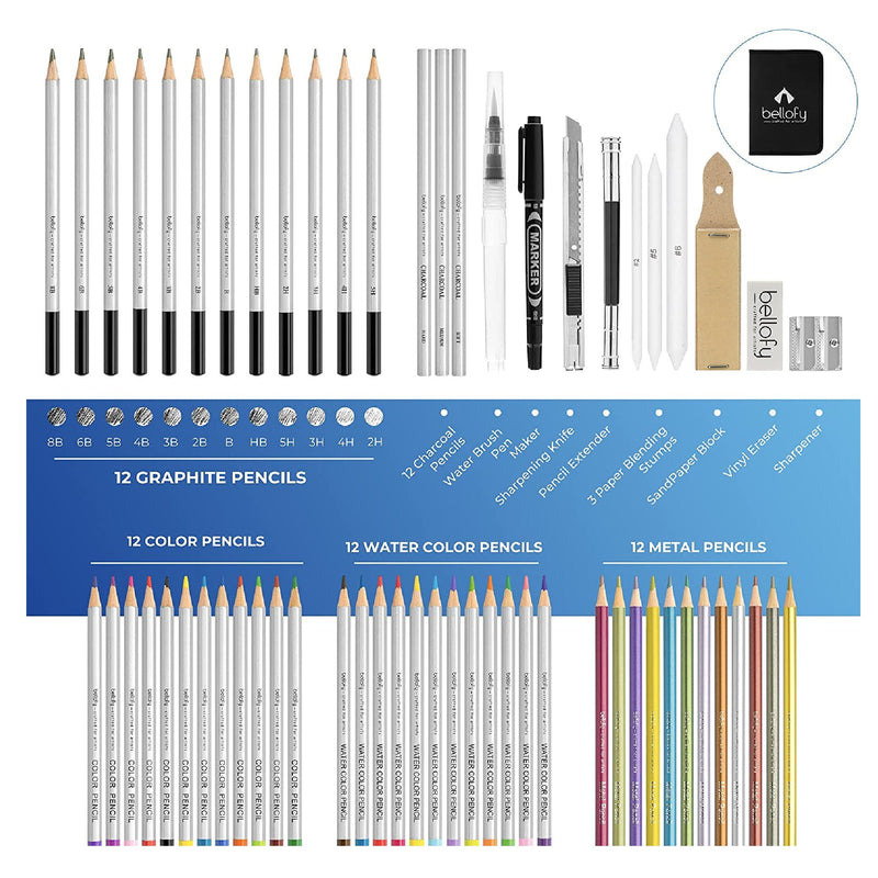 Prina Set Of 50 Sketch Sets  Sketching Supplies With 3 Color Sketchbo