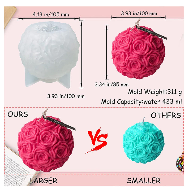 Large Rose Ball Candle Molds | 3D Rose Flower Silicone Mold | Resin Casting Mold For Valentine's Day