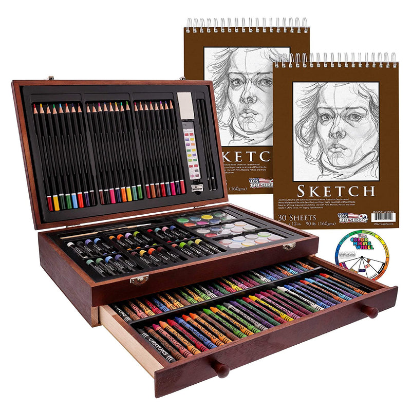 US Art Supply Mega Wood Box 145 Piece Art Drawing and Painting Set in Storage Case