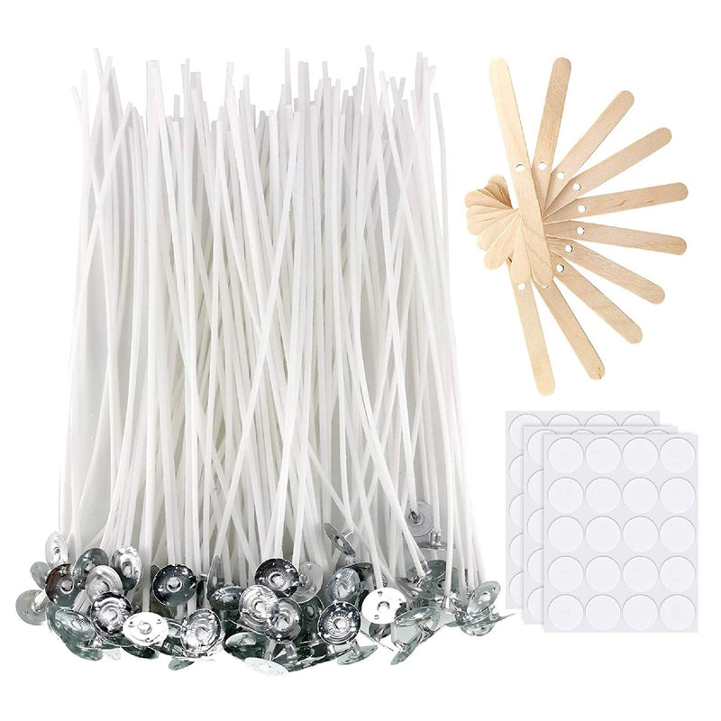 100 6 Inch Candle Wicks with 30 Candle Wick Stickers and 10 Wooden Wicks for DIY Soy Wax Candle Making