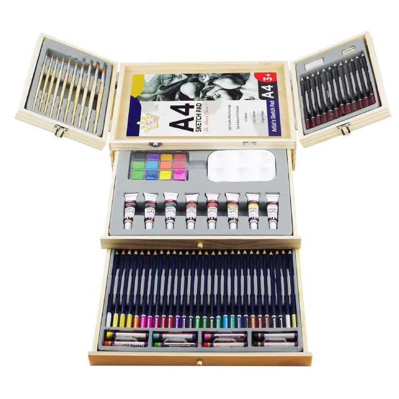 Professional Art Set | Art Supplies In Portable Wooden Case | 83 Piece Deluxe Art Set For Painting And Drawing