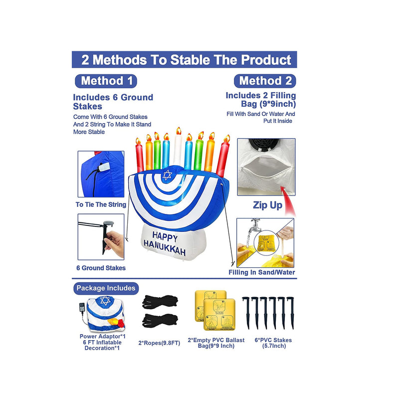 TURNMEON 6 Foot Inflatable Hanukkah Menorah Decorations with LED Lights 6 Stakes 2 Tethers 2 Weight Bags Chanukkah