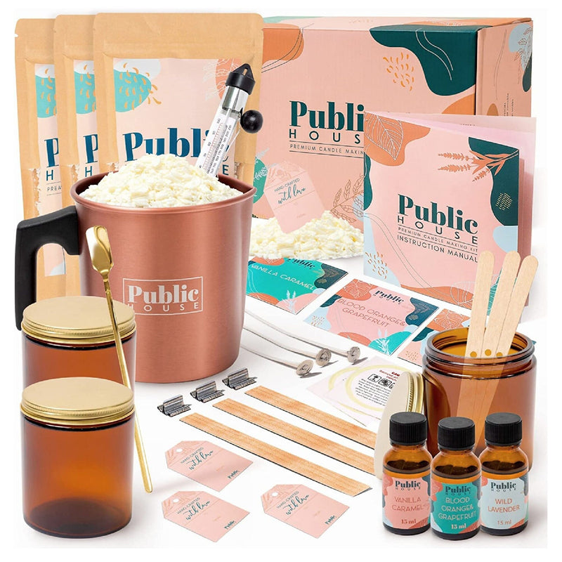 Public House Deluxe Soy Wax Candle Making Kit For Adults Yields 3 Large Candles In Amber Glass Jar With Premium Fragrance Oil