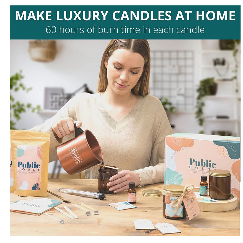 Public House Deluxe Soy Wax Candle Making Kit For Adults Yields 3 Large Candles In Amber Glass Jar With Premium Fragrance Oil