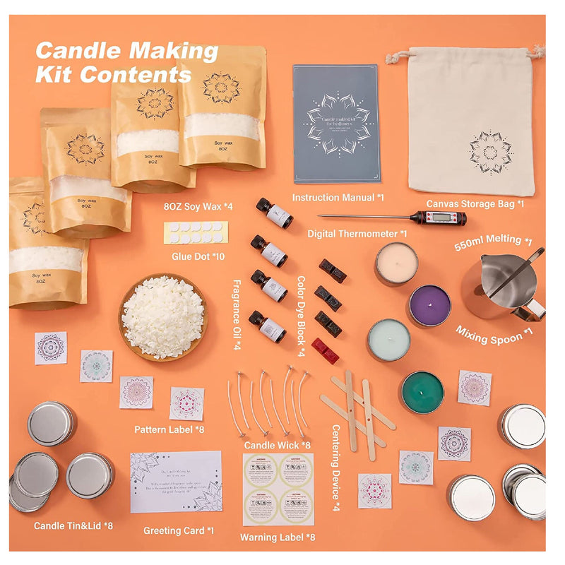 Candle Making Kit, DIY Candle Making Supplies, Candle Kit with Melting Pot,  4 Tins ,4 Candle Wax (Soy Wax) Bags, 4 Dye Blocks, Candle Wicks and More