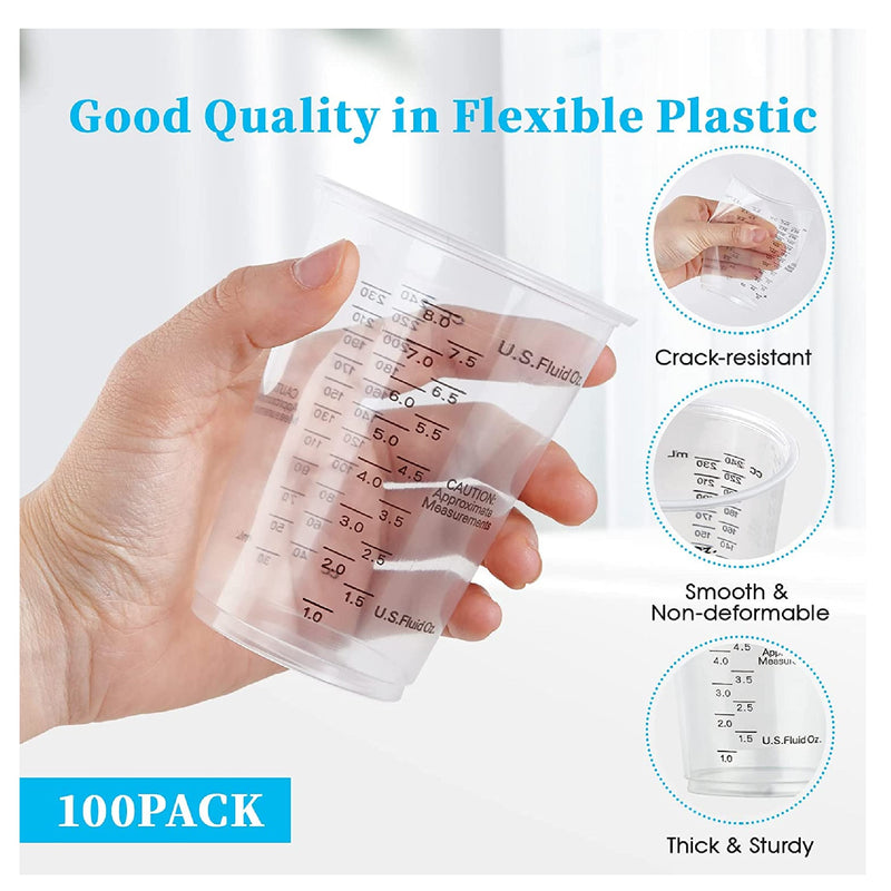 100 PACK Plastic Measuring Cups |  8 oz Disposable Mixing Cups with 100 Wooden Mixing Sticks