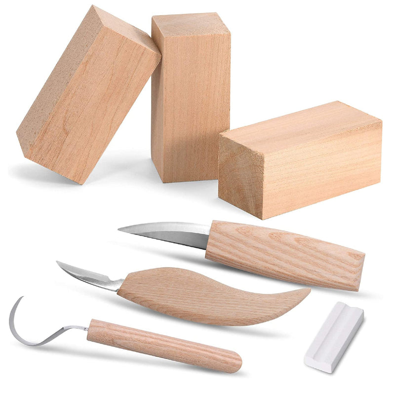 7 Piece Wood Carving Kit | 3 Carbon Steel Wood Carving Knives With 3 Basswood Carving Blocks And Whetstone