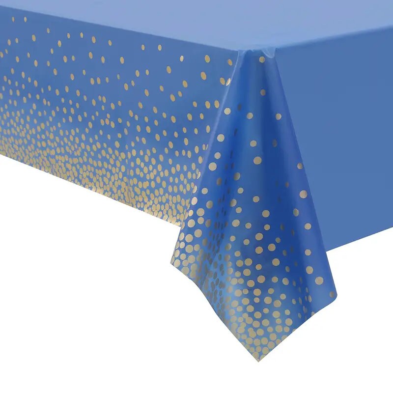 1pc Blue Disposable Tablecloth | 108" X 54" Waterproof Plastic Tablecloth With Gold Accents Easy Clean-Up For Birthday Party & Holiday Meals