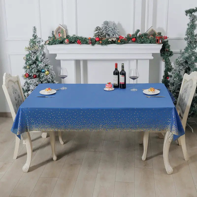 1pc Blue Disposable Tablecloth | 108" X 54" Waterproof Plastic Tablecloth With Gold Accents Easy Clean-Up For Birthday Party & Holiday Meals