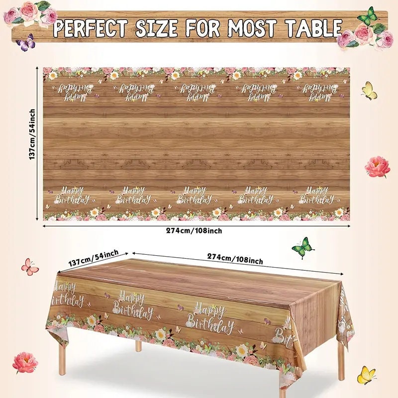 1pc Flower Wood Grain Party Tablecloth, Butterfly Floral Disposable Tablecloth Birthday Holiday Party Tablecloth| 54*108inch, Party Supplies