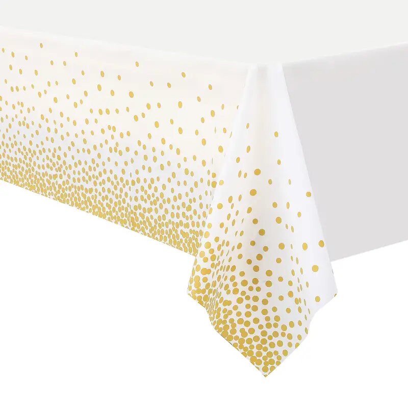 1pc 108''x54'' White And Gold Disposable Plastic Tablecloth