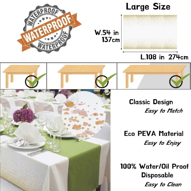 1pc 108''x54'' White And Gold Disposable Plastic Tablecloth