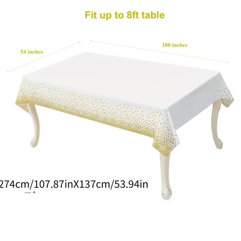 1pc 108''x54'' White And Gold Disposable Plastic Tablecloth