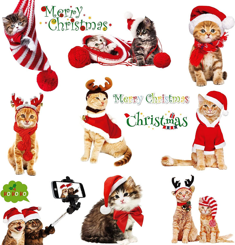 Christmas Window Clings Cat Stickers for Window Glass | 126 PCS 9 Sheets Xmas Decals Decorations Christmas Cat Tree Bells Decals