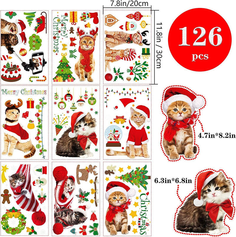 Christmas Window Clings Cat Stickers for Window Glass | 126 PCS 9 Sheets Xmas Decals Decorations Christmas Cat Tree Bells Decals