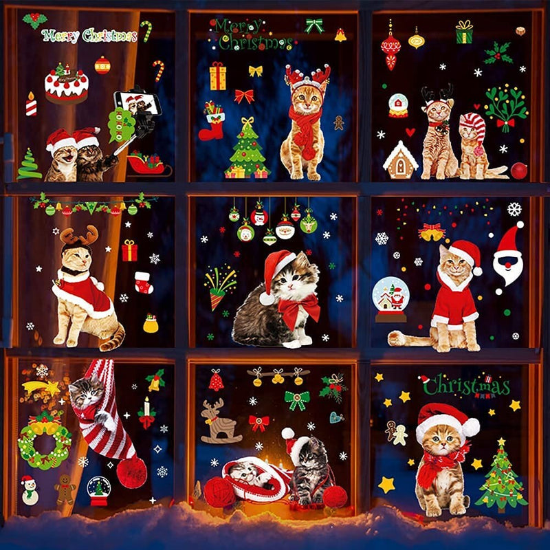 Christmas Window Clings Cat Stickers for Window Glass | 126 PCS 9 Sheets Xmas Decals Decorations Christmas Cat Tree Bells Decals