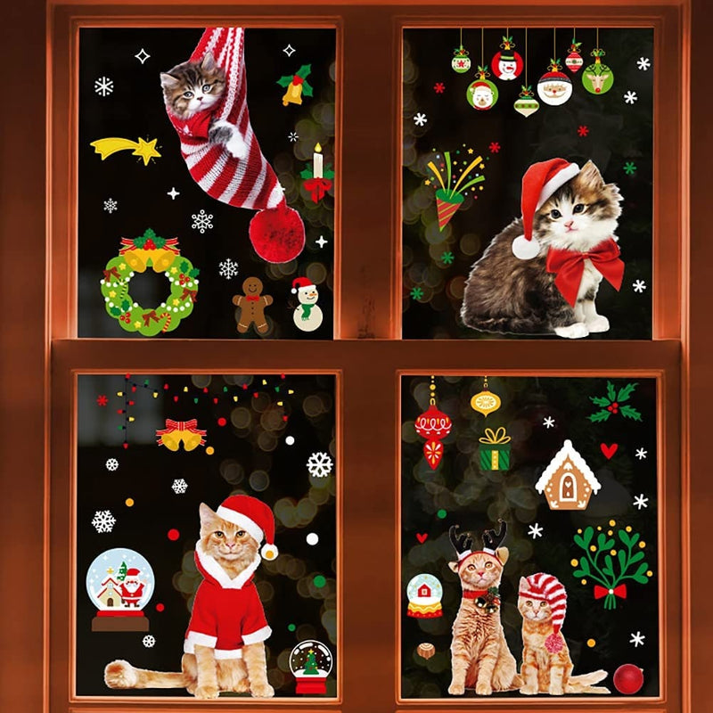 Christmas Window Clings Cat Stickers for Window Glass | 126 PCS 9 Sheets Xmas Decals Decorations Christmas Cat Tree Bells Decals