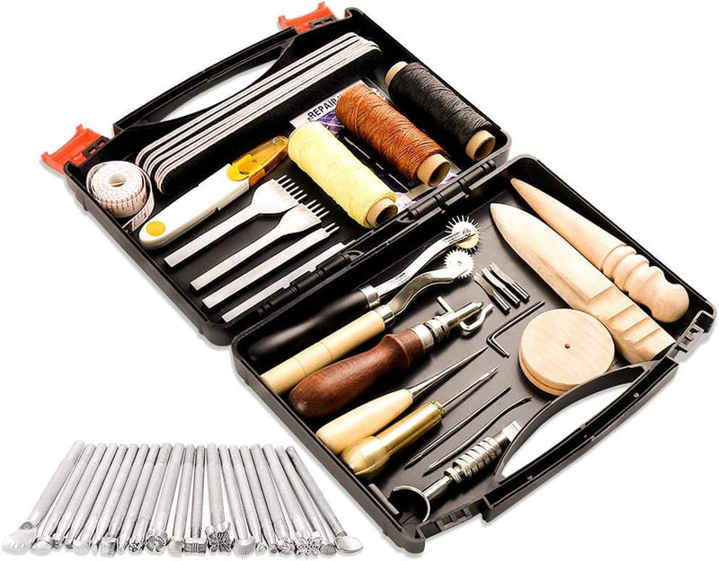 BUTUZE Leather Kit, Leather Tooling Kit, Practical Leather Working Tools  with Leather Beveler, Groover, Stitching Punch Sewing Thread and Needles 
