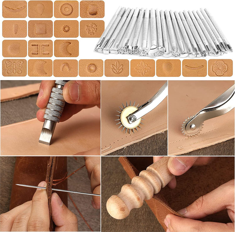 Leather Working Tools and Supplies Leather Craft Kits, Leather Sewing Kit,  Leather Starter Kit with Wax Ropes, Prong Punch, Awl, Belt Holes Templates,  for Leather Craft Making DIY Sewing