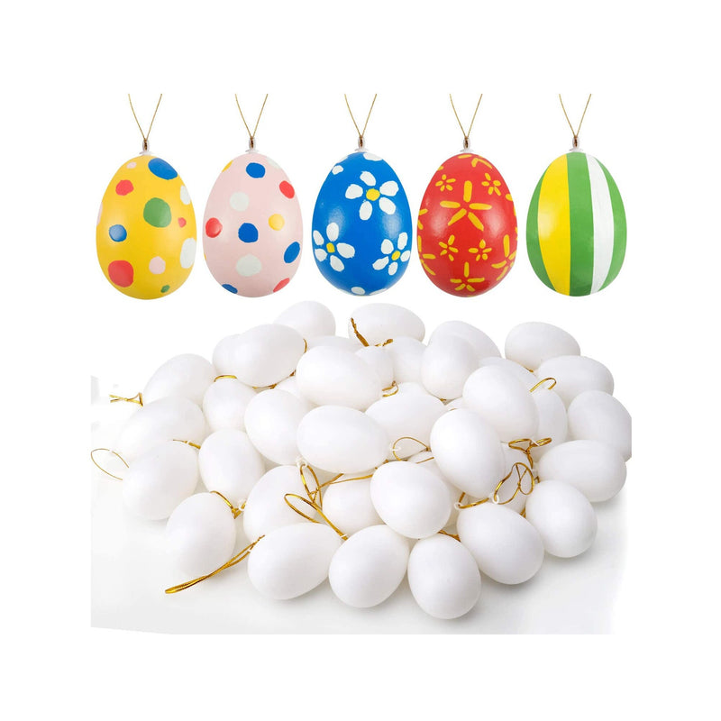 UFUNGA 30 Pcs White Blank Easter Eggs with 8 Pens | Hanging Plastic Easter Eggs with Rope | Artificial