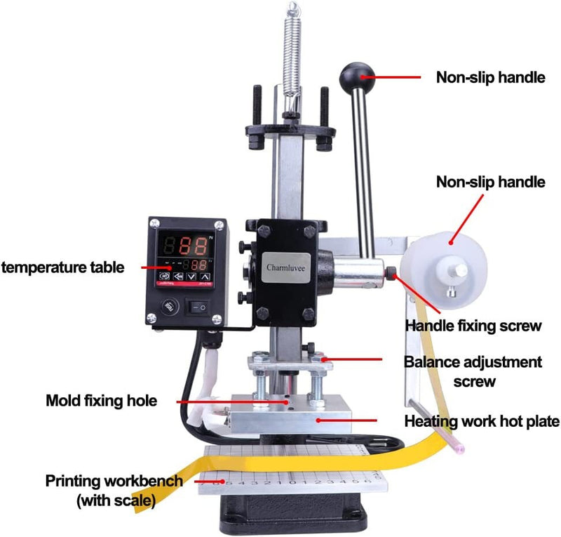 2022 Upgrade Charmluvee Hot Foil Stamping Machine 8x10cm Leather Bronzing Pressure Mark Machine with Full Scale on The Base Plate