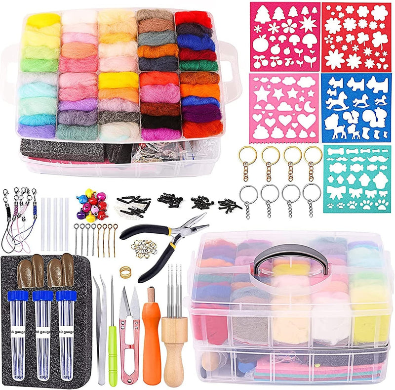 241 Pcs Needle Felting Kit - Complete Needle Felting Tools and Supplies with Felt Wool 50 Colors | High Density Foam Pad Storage Box