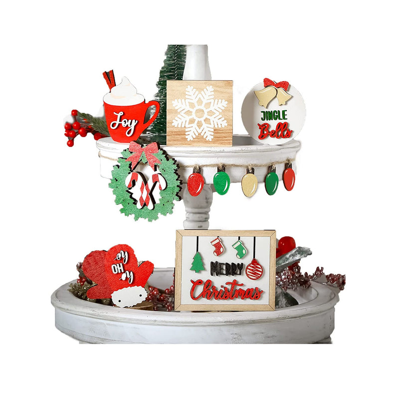 7 Pieces Christmas Tiered Tray Decor Items Farmhouse Xmas Tiered Tray Decorations Set Small Wooden Signs