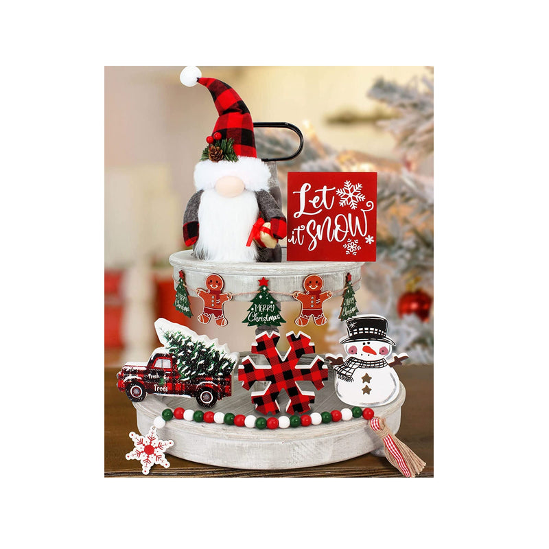 7Pcs Christmas Tiered Tray Decor | Incl Christmas Truck/Snowflake/Snowman/Let It Snow Wooden