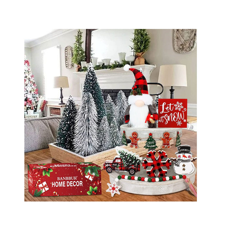 7Pcs Christmas Tiered Tray Decor | Incl Christmas Truck/Snowflake/Snowman/Let It Snow Wooden