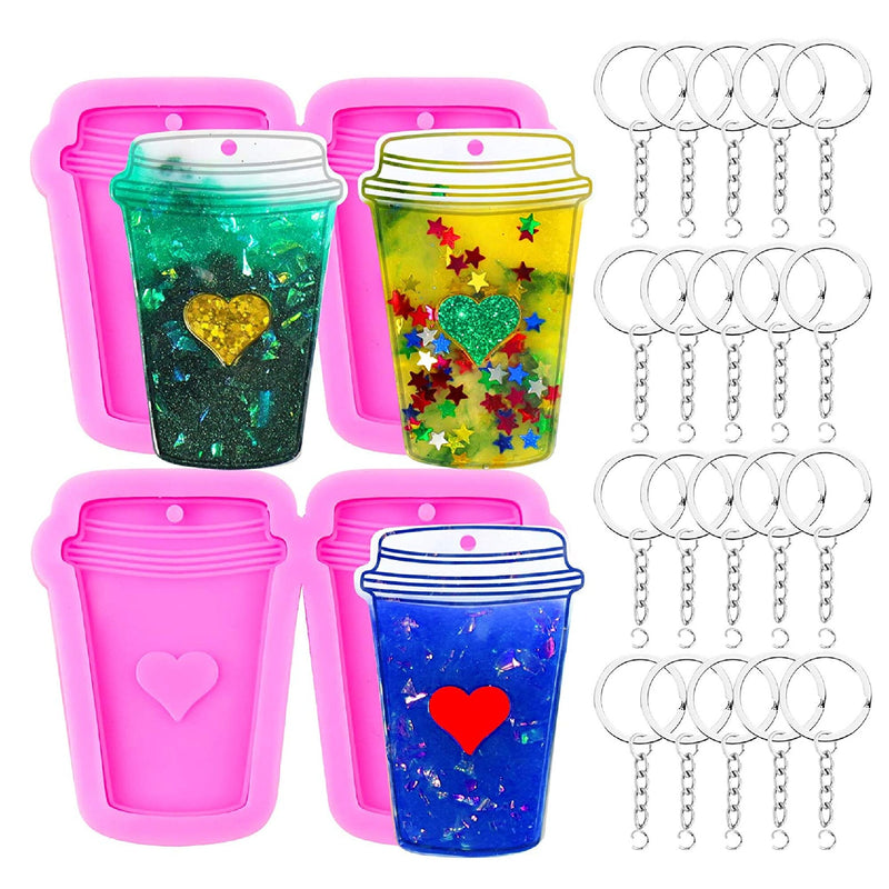 Mity rain 22pcs Coffee Cups Keychain Silicone Mold Resin Love Heart Dog Tags Epoxy Casting Molds with 20pcs