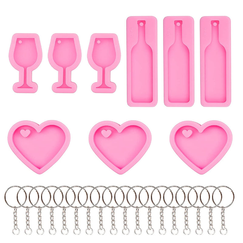 HOVEOX 9 Pieces Mini Wine Glass Keychain Heart Shaped Resin Molds and 18 Pieces Keychain with Chain
