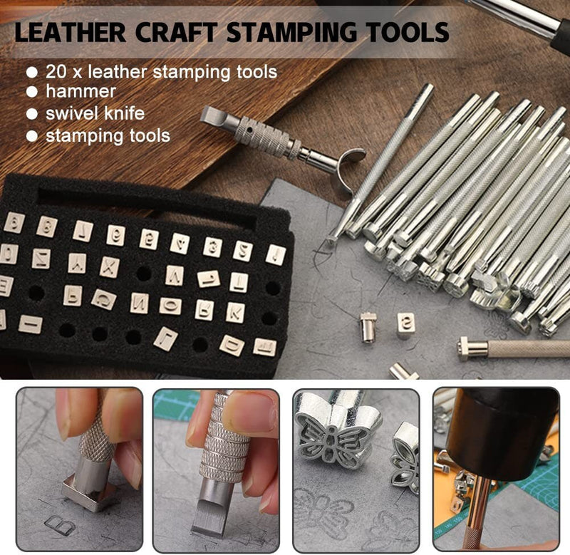 Leather Stamping Tools Kit,Leather Different Shape Saddle Making Stamp  Punch Set,Leather Carving Tools Kit with Leather Working Hammer, Swivel