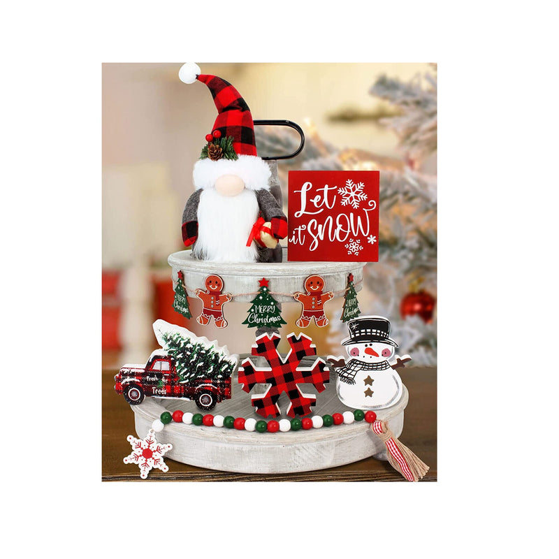 7 Pieces Christmas Tiered Tray Decor Items Farmhouse Xmas Tiered Tray Decorations Set Small Wooden Signs