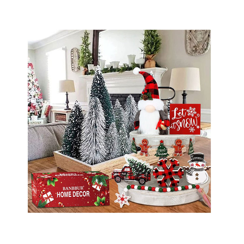 7 Pieces Christmas Tiered Tray Decor Items Farmhouse Xmas Tiered Tray Decorations Set Small Wooden Signs