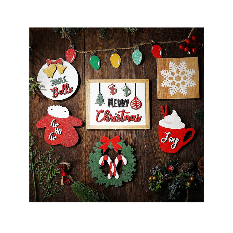 7 Pieces Christmas Tiered Tray Decor Items Farmhouse Xmas Tiered Tray Decorations Set Small Wooden Signs