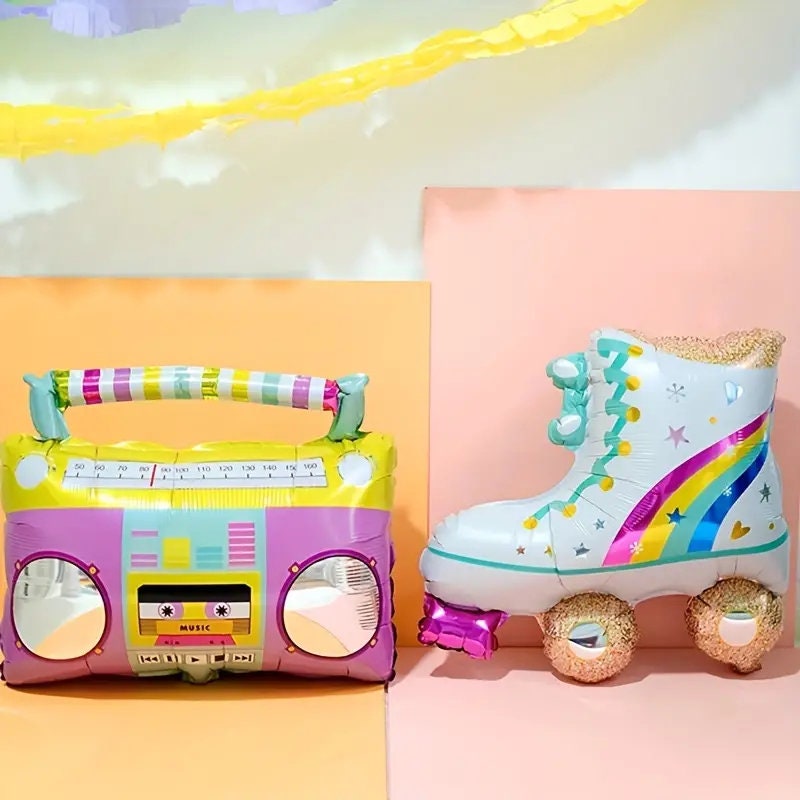 Retro Tape Recorder Roller Skates Balloon Set | Children's Aluminum Film Balloon Decorative Balloon Cute Birthday Cartoon Aluminum Foil Ball