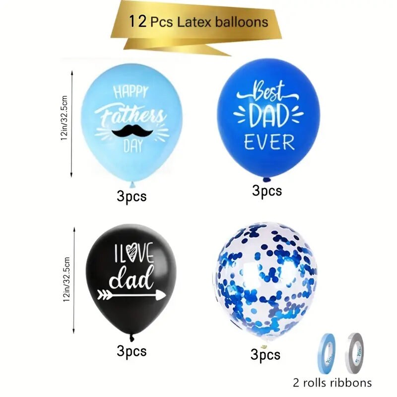 12pcs, Balloons (12'') | With 2 Rolls Ribbon | Latex Balloons | Happy Father's Day Best Dad Ever Blue Black Ballons | Toys For Scene Decor