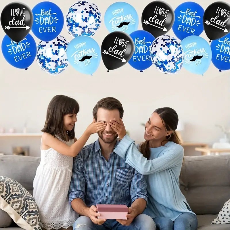 12pcs, Balloons (12'') | With 2 Rolls Ribbon | Latex Balloons | Happy Father's Day Best Dad Ever Blue Black Ballons | Toys For Scene Decor