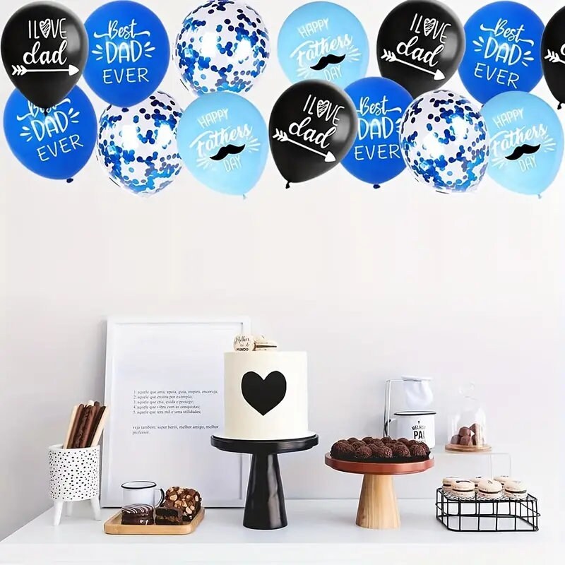 12pcs, Balloons (12'') | With 2 Rolls Ribbon | Latex Balloons | Happy Father's Day Best Dad Ever Blue Black Ballons | Toys For Scene Decor