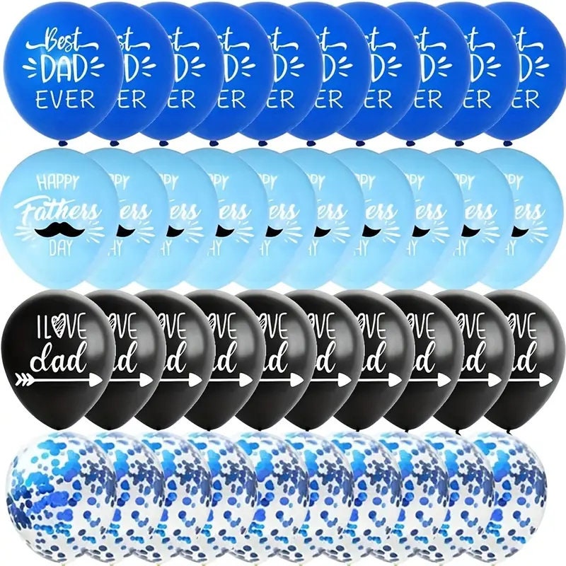 12pcs, Balloons (12'') | With 2 Rolls Ribbon | Latex Balloons | Happy Father's Day Best Dad Ever Blue Black Ballons | Toys For Scene Decor