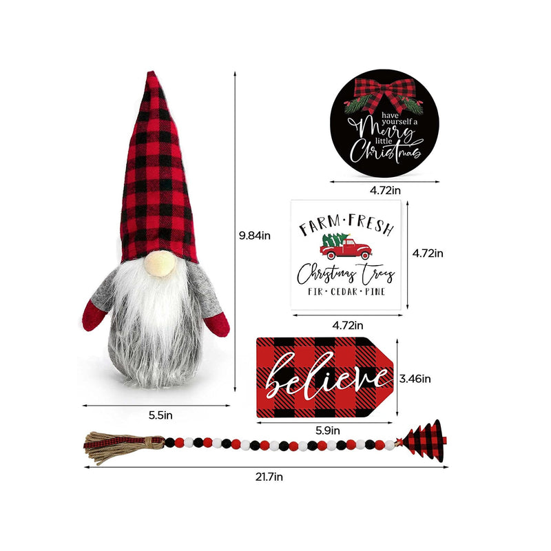 Christmas Decor | Christmas Decorations Indoor | Believe Merry Christmas Wooden Signs & Buffalo Plaid Gnomes Plush Set