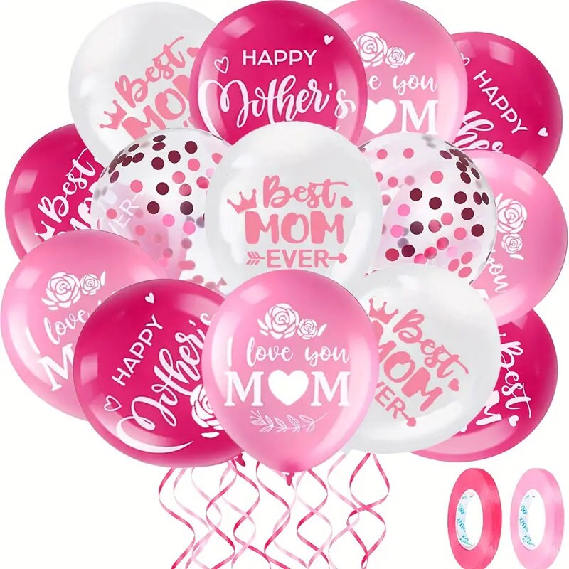 16pcs, Balloons (12'') | Latex Balloons, Happy Mother's Day I Love You Best Mom Ever Pink Balloons | Toys For Scene Decor | Room Decor