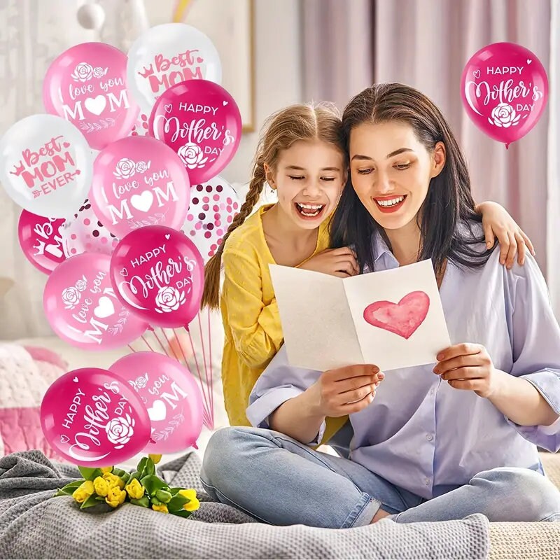 16pcs, Balloons (12'') | Latex Balloons, Happy Mother's Day I Love You Best Mom Ever Pink Balloons | Toys For Scene Decor | Room Decor