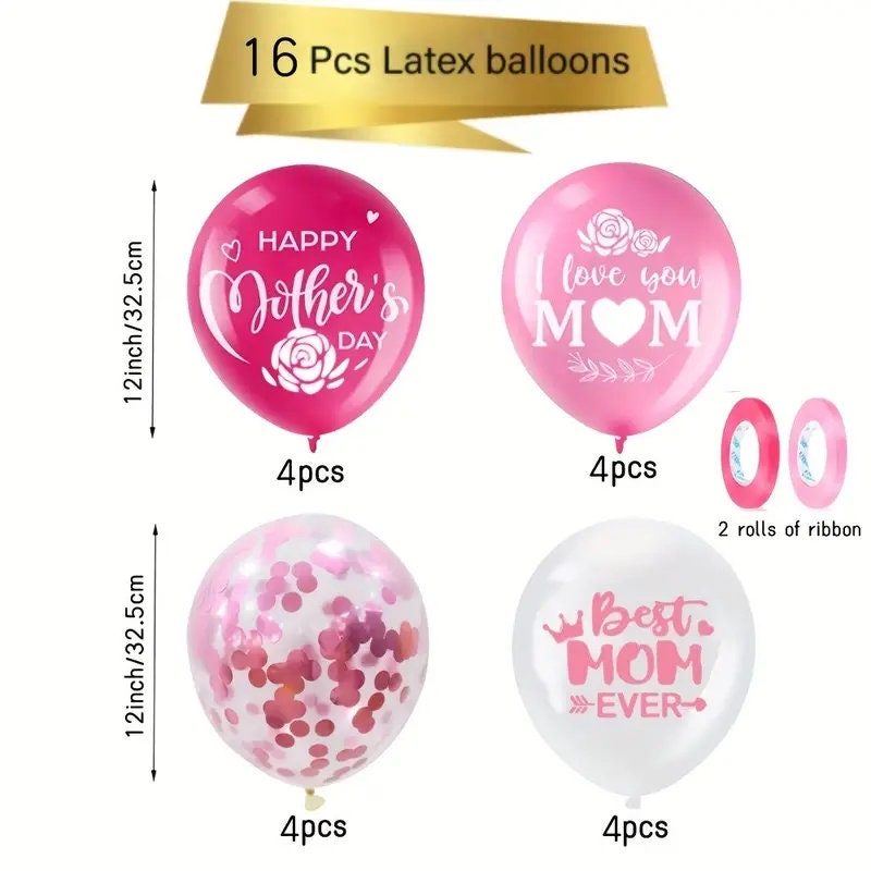 16pcs, Balloons (12'') | Latex Balloons, Happy Mother's Day I Love You Best Mom Ever Pink Balloons | Toys For Scene Decor | Room Decor