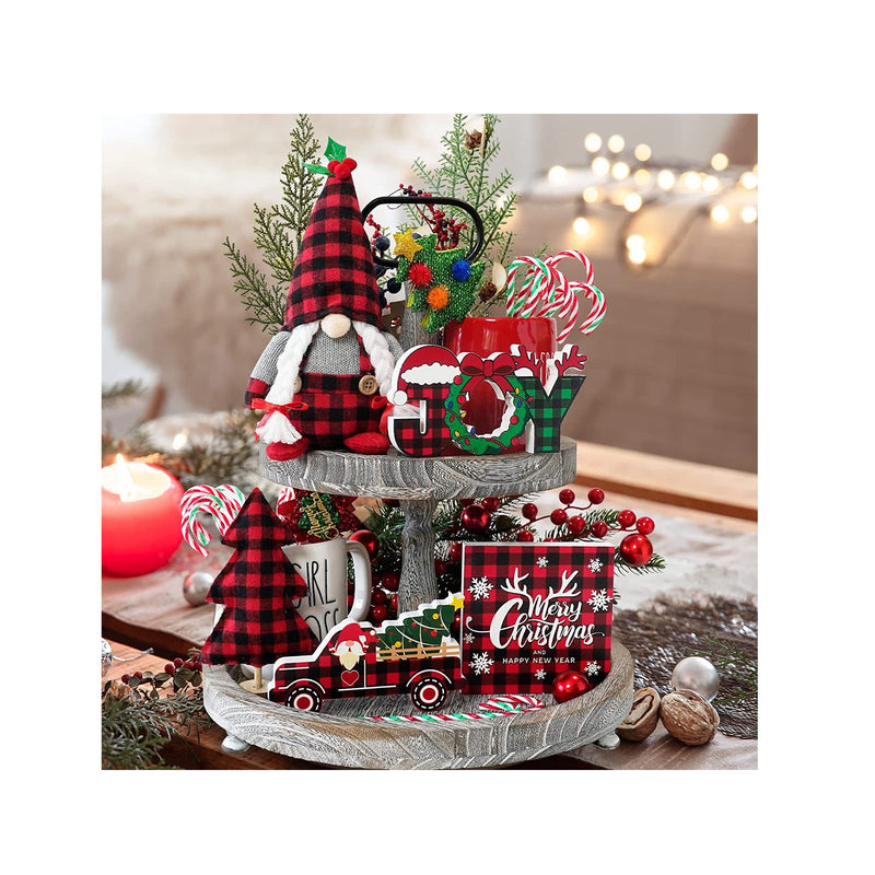 Christmas Decor | 5pcs Christmas Gnome Tiered Tray Bundle | 3 Merry Christmas Wood Signs